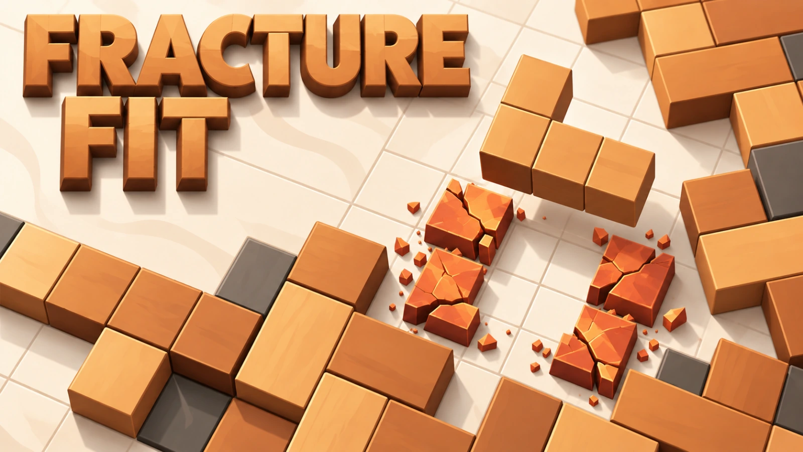 Wooden FRACTURE FIT lettering above a marble grid with wooden puzzle shapes and red fractured cells.