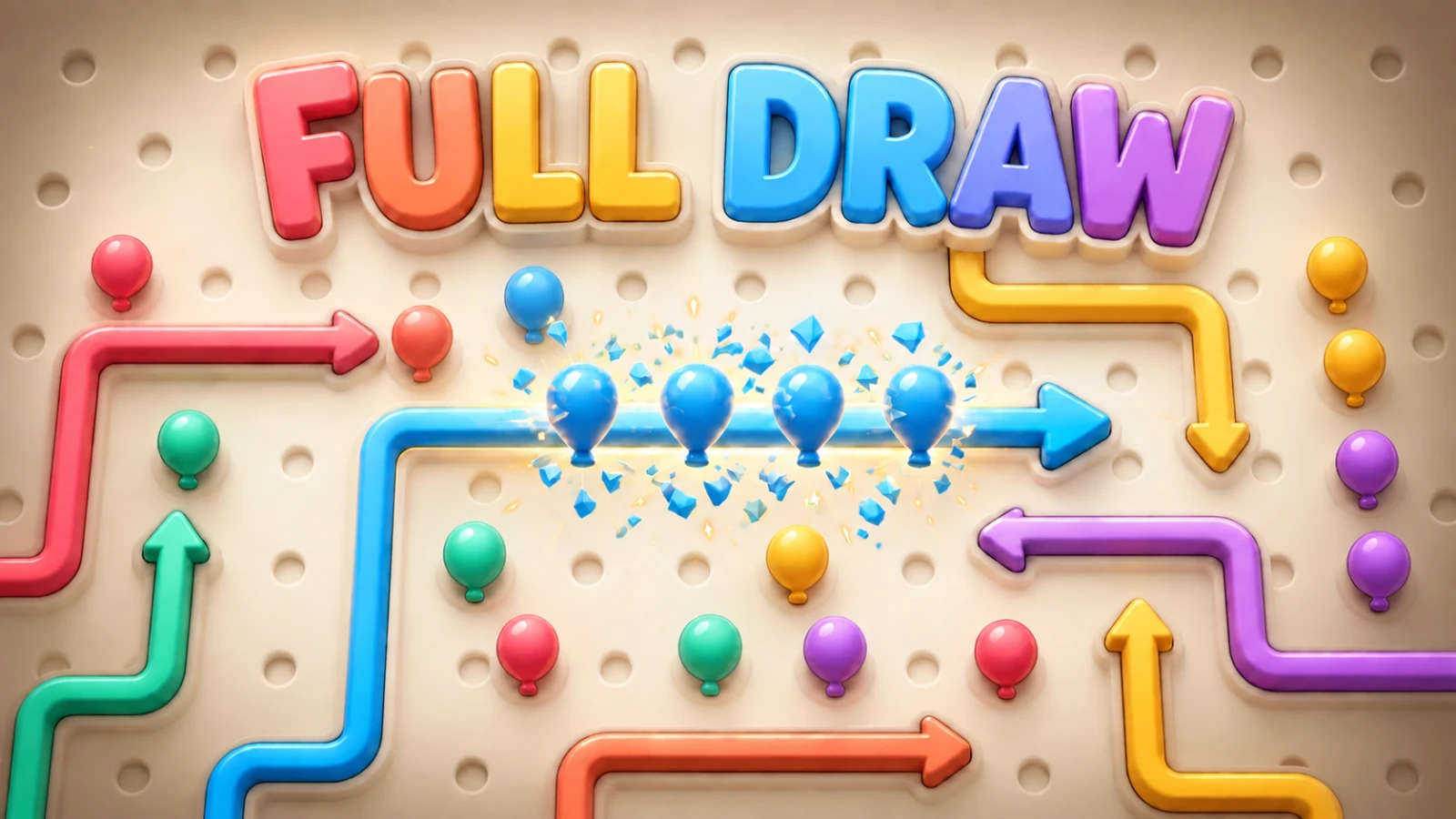 A colorful Full Draw puzzle showing glossy arrows and four blue targets on a purple pegboard.