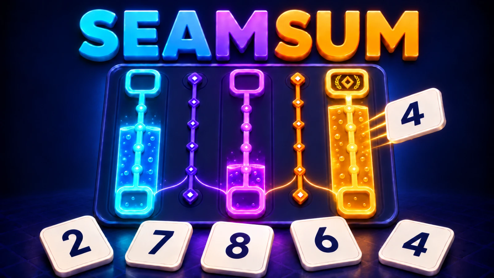 Three luminous linked vaults connected by glowing puzzle lanes and crystal cards.